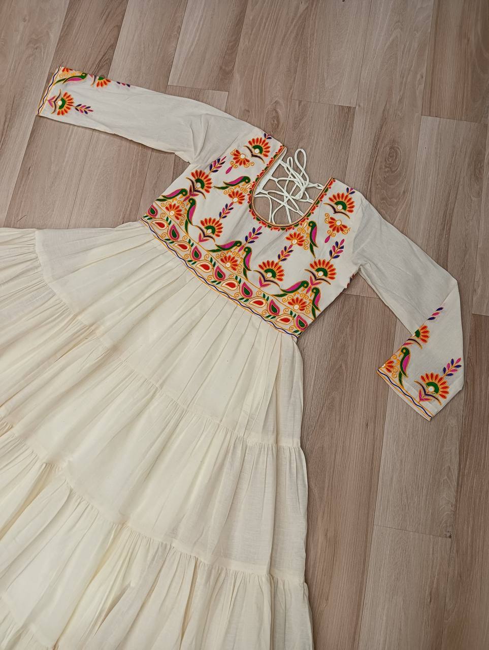 Off White Kora Cotton Gown for Women with Multi-Thread Embroidery & Gota Patti Work – Elegant Ethnic Wear (User can adjust From 38" to 44" for your body comfort)