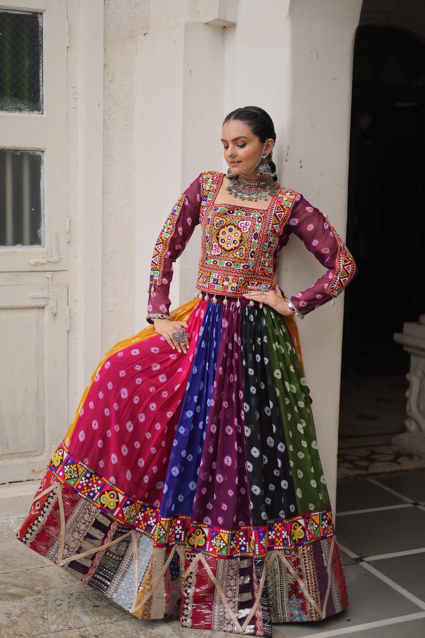 Georgette Printed Lehenga Choli Set with Vintage & Kutchi Gamthi Embellished Work (Full-Stitched)