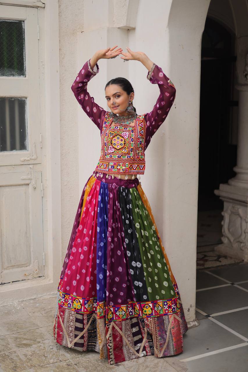 Georgette Printed Lehenga Choli Set with Vintage & Kutchi Gamthi Embellished Work (Full-Stitched)