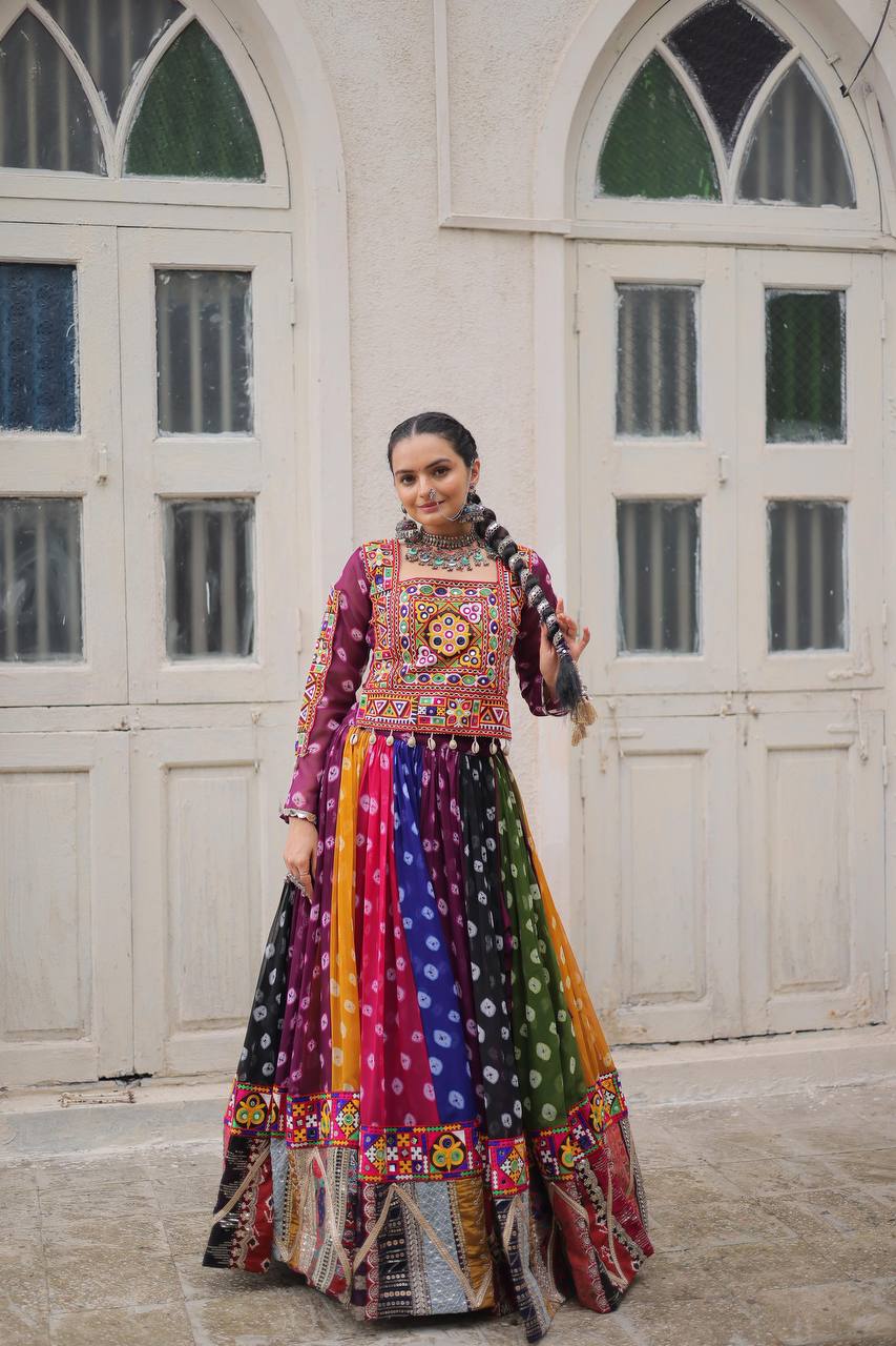 Georgette Printed Lehenga Choli Set with Vintage & Kutchi Gamthi Embellished Work (Full-Stitched)