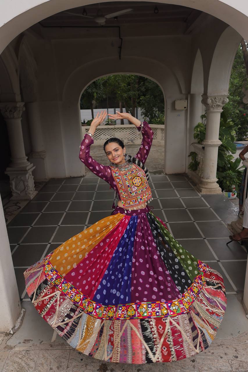 Georgette Printed Lehenga Choli Set with Vintage & Kutchi Gamthi Embellished Work (Full-Stitched)