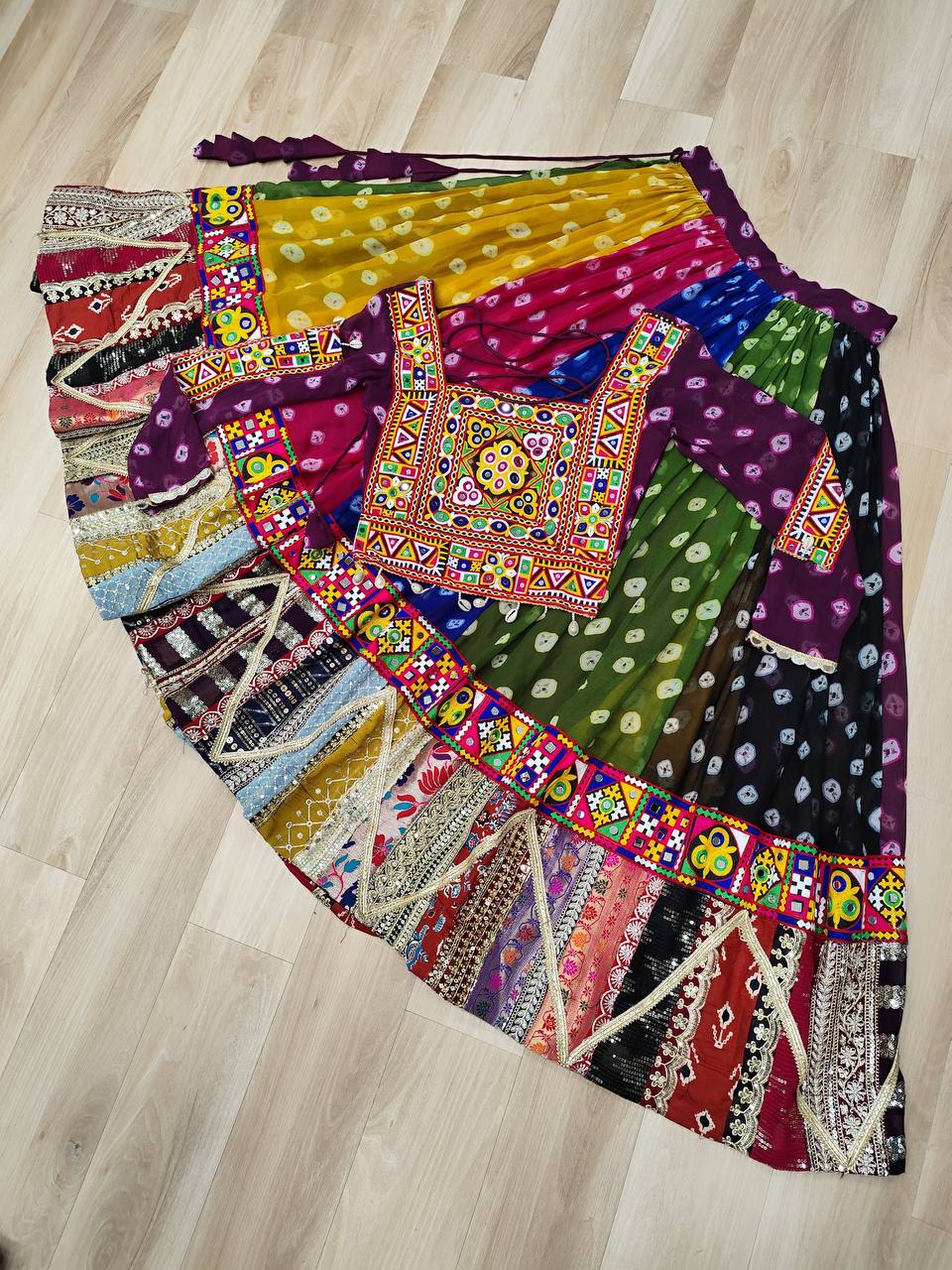 Georgette Printed Lehenga Choli Set with Vintage & Kutchi Gamthi Embellished Work (Full-Stitched)