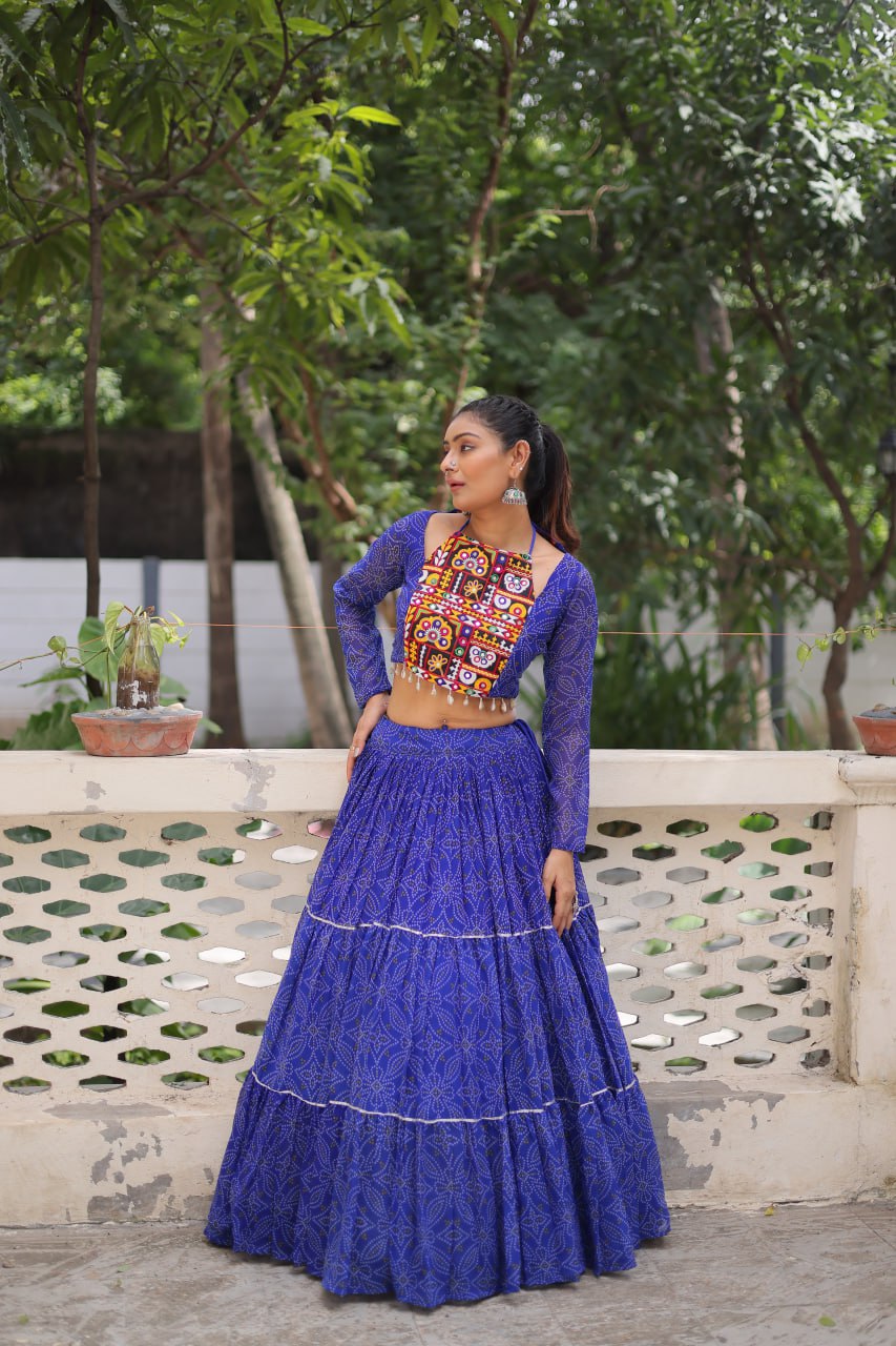 Bandhej Prin Blue Faux Georgette Lehenga Choli Set with Gotta Patti & Gamthi Embroidery (Stitched)