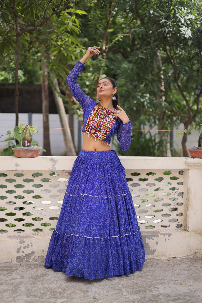 Bandhej Prin Blue Faux Georgette Lehenga Choli Set with Gotta Patti & Gamthi Embroidery (Stitched)