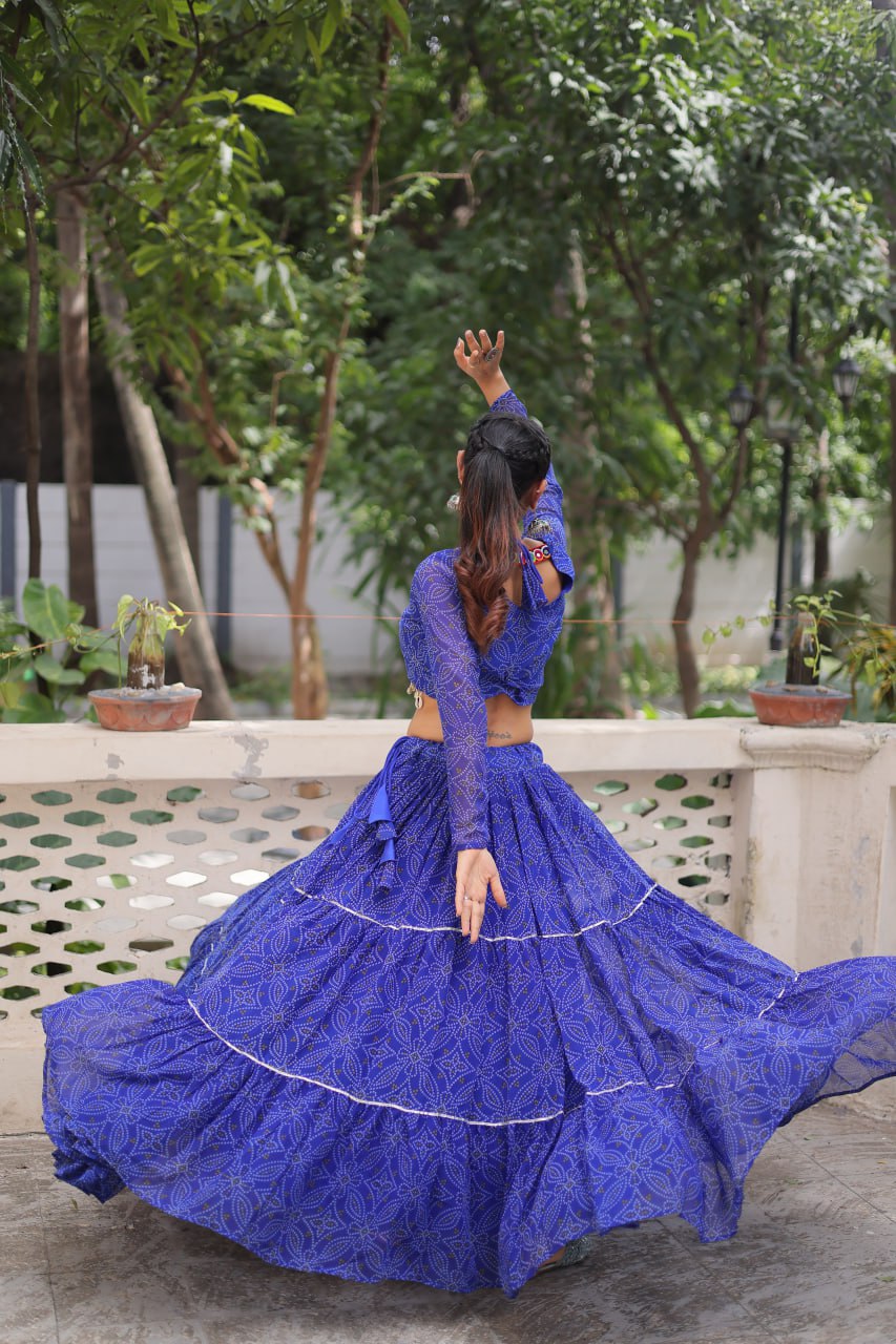 Bandhej Prin Blue Faux Georgette Lehenga Choli Set with Gotta Patti & Gamthi Embroidery (Stitched)