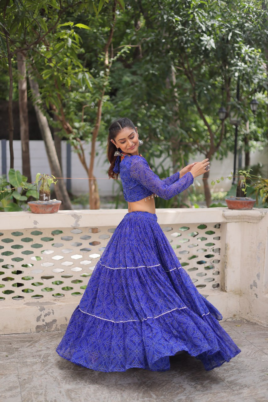 Bandhej Prin Blue Faux Georgette Lehenga Choli Set with Gotta Patti & Gamthi Embroidery (Stitched)