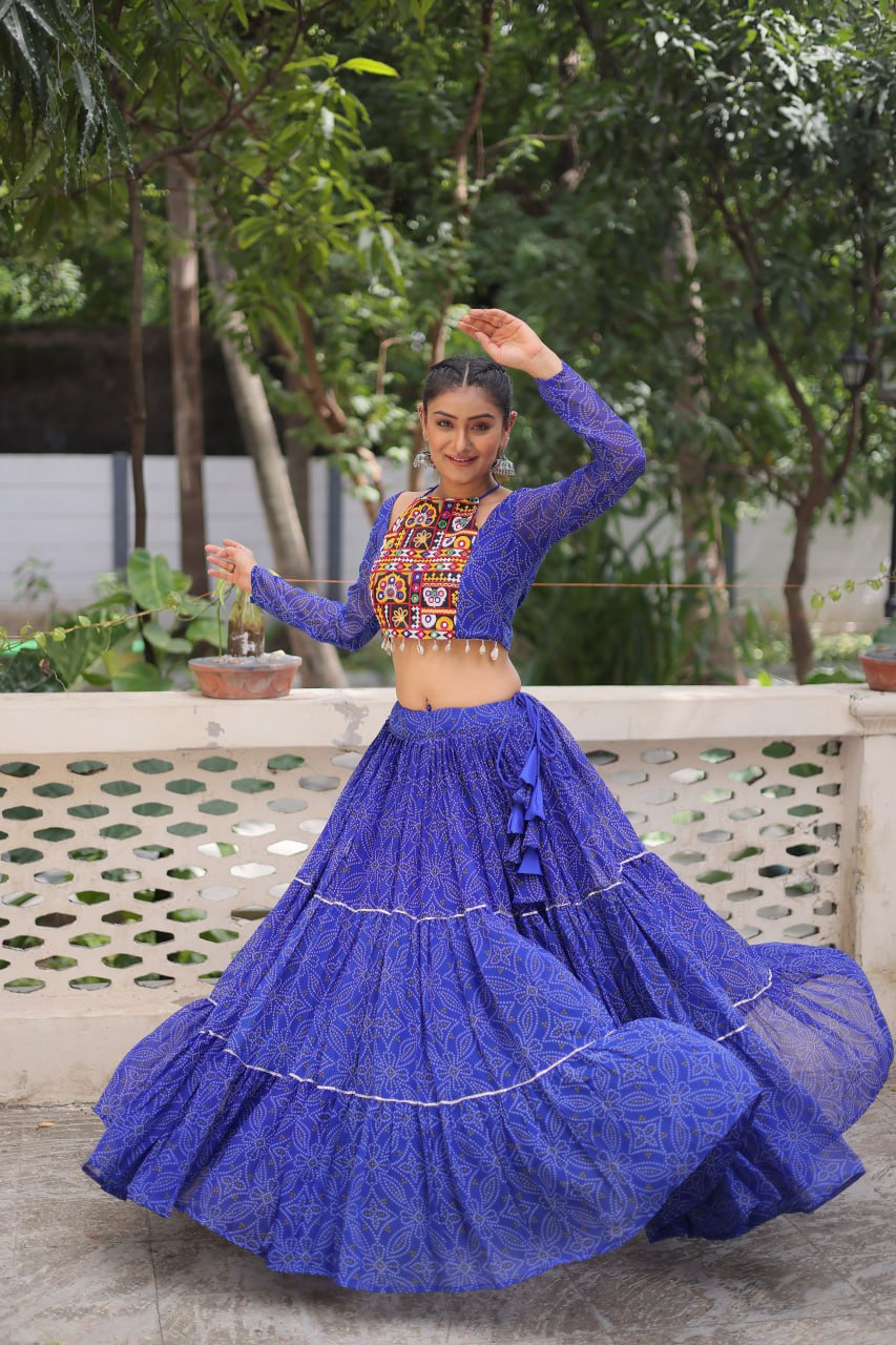 Bandhej Prin Blue Faux Georgette Lehenga Choli Set with Gotta Patti & Gamthi Embroidery (Stitched)