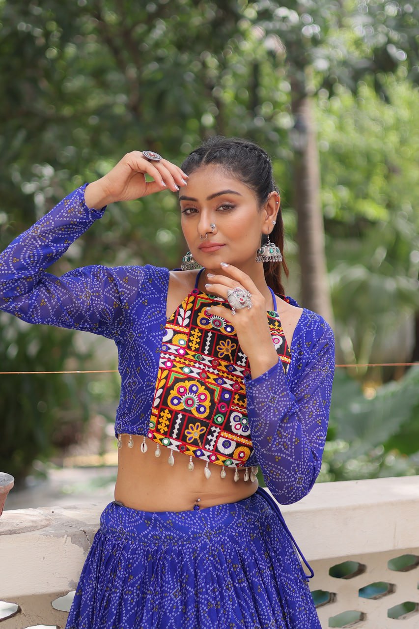 Bandhej Prin Blue Faux Georgette Lehenga Choli Set with Gotta Patti & Gamthi Embroidery (Stitched)