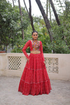 Bandhej Print Red Faux Georgette Lehenga Choli Set with Gotta Patti & Gamthi Embroidery (Stitched)