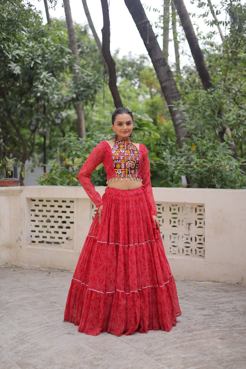Bandhej Print Red Faux Georgette Lehenga Choli Set with Gotta Patti & Gamthi Embroidery (Stitched)