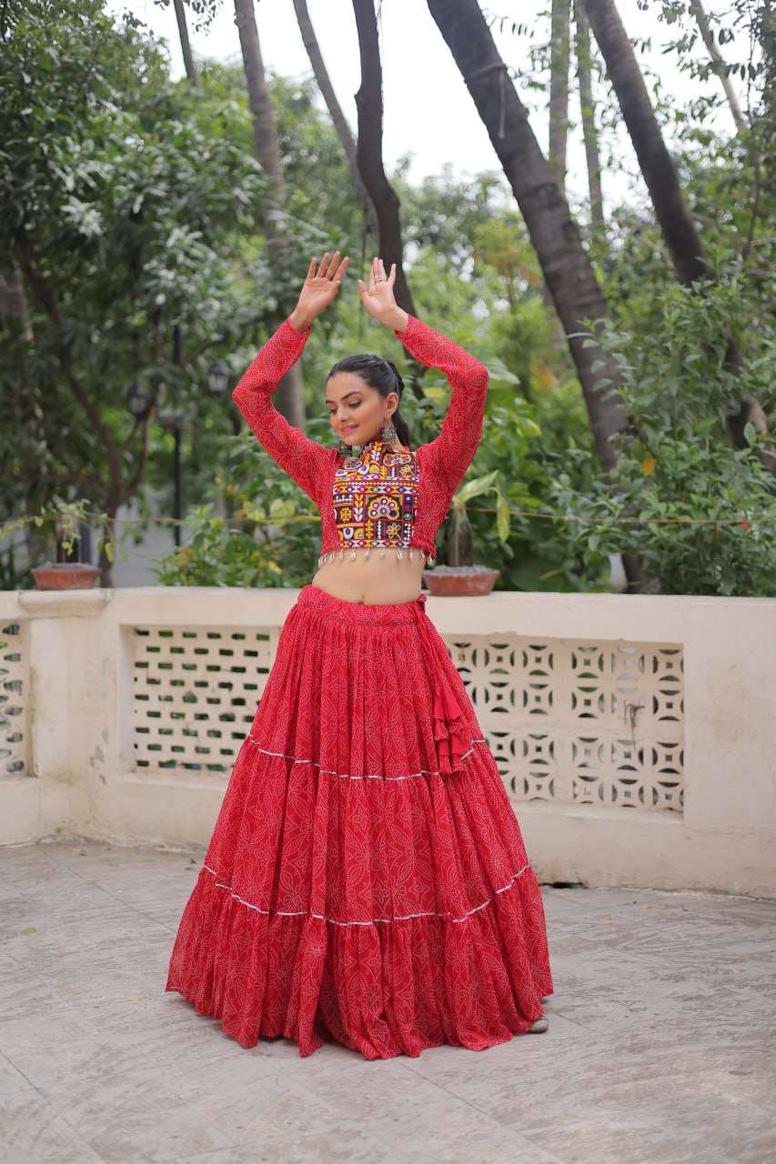 Bandhej Print Red Faux Georgette Lehenga Choli Set with Gotta Patti & Gamthi Embroidery (Stitched)
