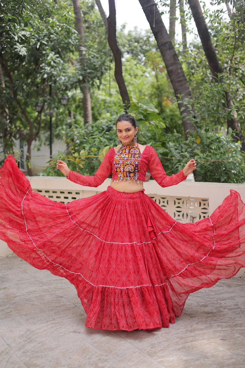 Bandhej Print Red Faux Georgette Lehenga Choli Set with Gotta Patti & Gamthi Embroidery (Stitched)