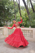 Bandhej Print Red Faux Georgette Lehenga Choli Set with Gotta Patti & Gamthi Embroidery (Stitched)
