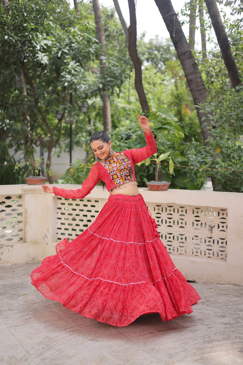 Bandhej Print Red Faux Georgette Lehenga Choli Set with Gotta Patti & Gamthi Embroidery (Stitched)