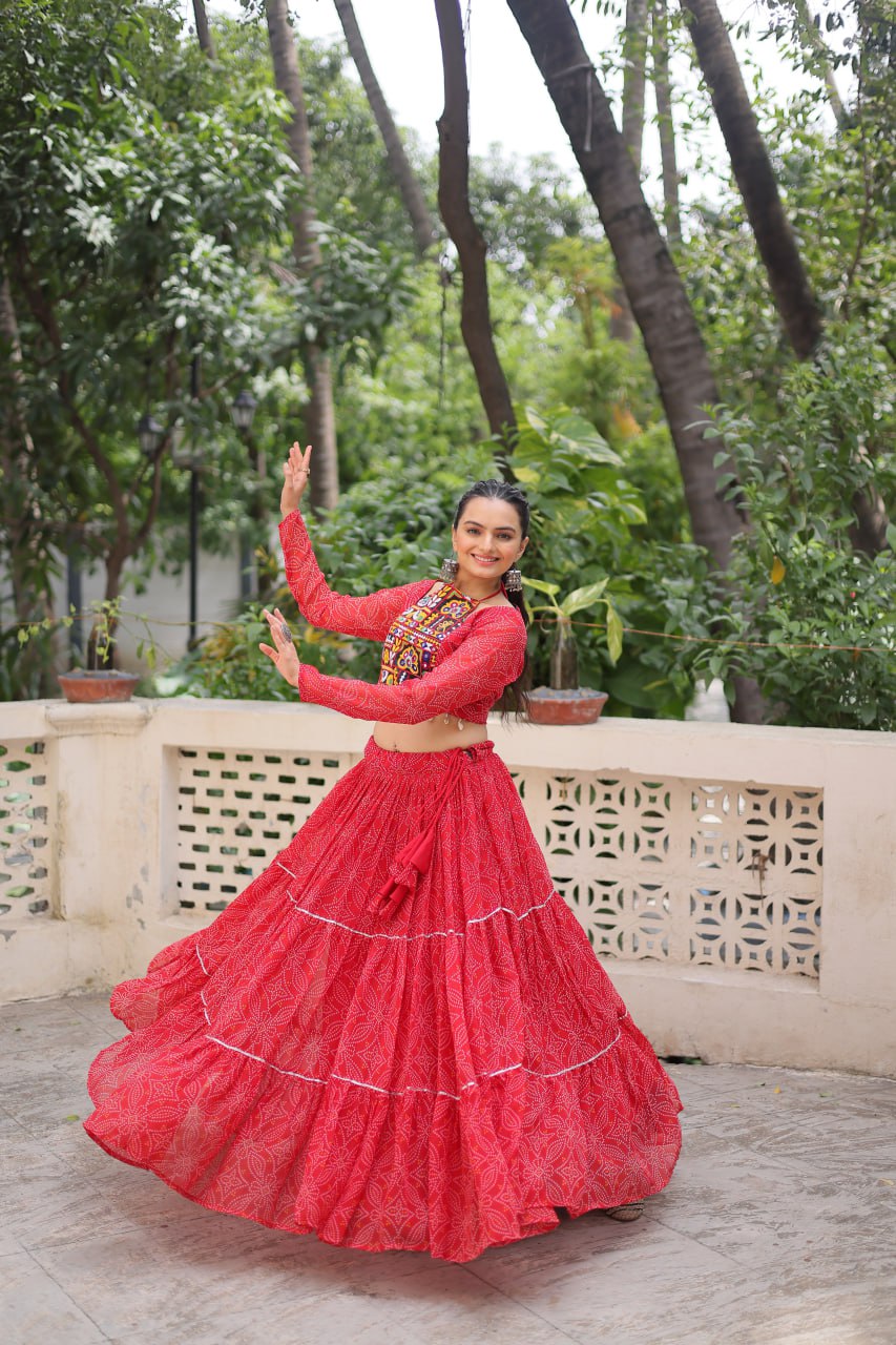 Bandhej Print Red Faux Georgette Lehenga Choli Set with Gotta Patti & Gamthi Embroidery (Stitched)
