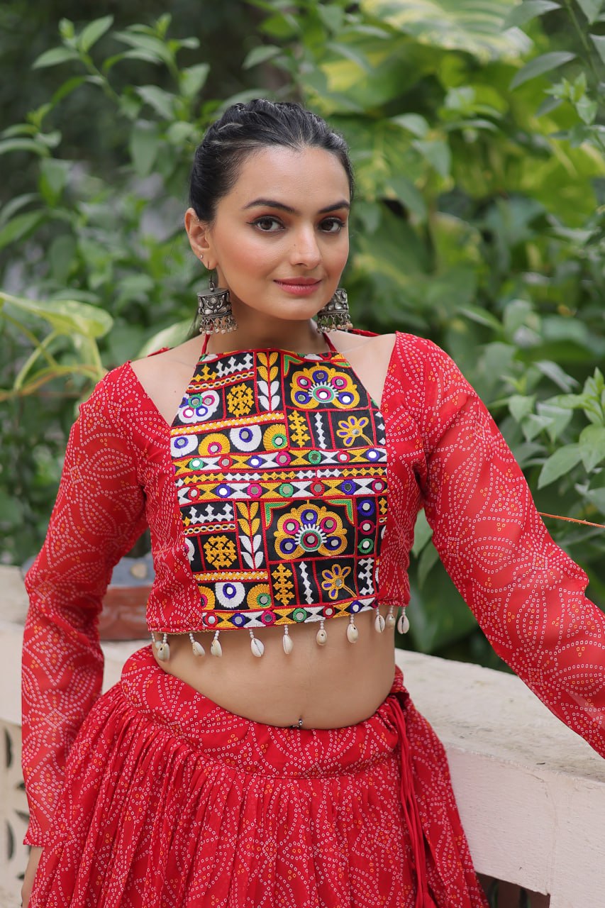 Bandhej Print Red Faux Georgette Lehenga Choli Set with Gotta Patti & Gamthi Embroidery (Stitched)