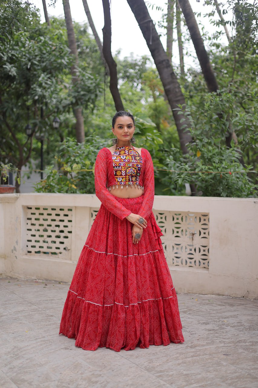 Bandhej Print Red Faux Georgette Lehenga Choli Set with Gotta Patti & Gamthi Embroidery (Stitched)