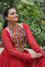 Bandhej Print Red Faux Georgette Lehenga Choli Set with Gotta Patti & Gamthi Embroidery (Stitched)