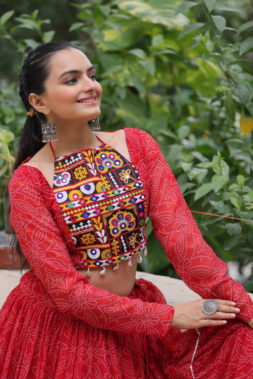 Bandhej Print Red Faux Georgette Lehenga Choli Set with Gotta Patti & Gamthi Embroidery (Stitched)