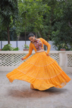 Bandhej Print Yellow Faux Georgette Lehenga Choli Set with Gotta Patti & Gamthi Embroidery (Stitched)