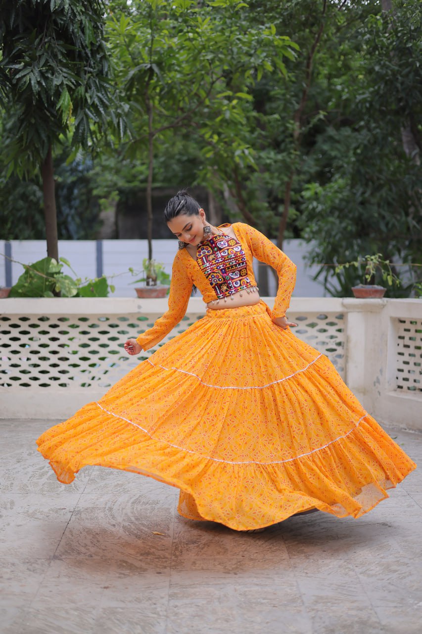 Bandhej Print Yellow Faux Georgette Lehenga Choli Set with Gotta Patti & Gamthi Embroidery (Stitched)