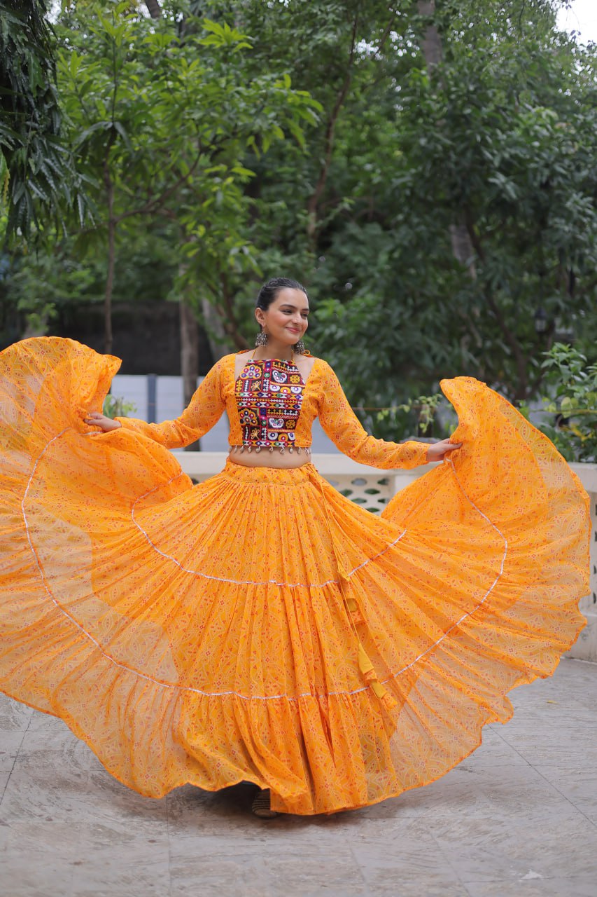 Bandhej Print Yellow Faux Georgette Lehenga Choli Set with Gotta Patti & Gamthi Embroidery (Stitched)