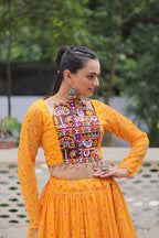 Bandhej Print Yellow Faux Georgette Lehenga Choli Set with Gotta Patti & Gamthi Embroidery (Stitched)