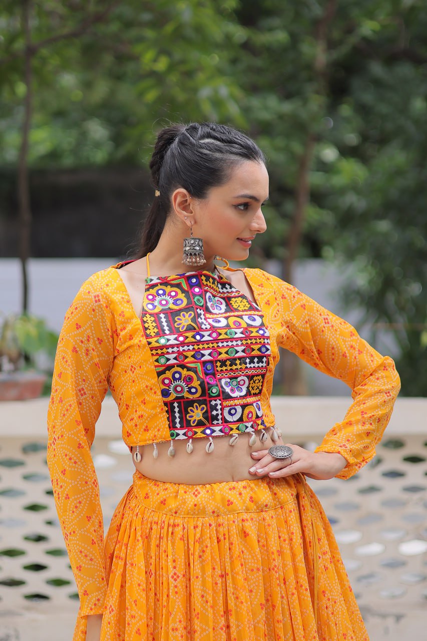 Bandhej Print Yellow Faux Georgette Lehenga Choli Set with Gotta Patti & Gamthi Embroidery (Stitched)