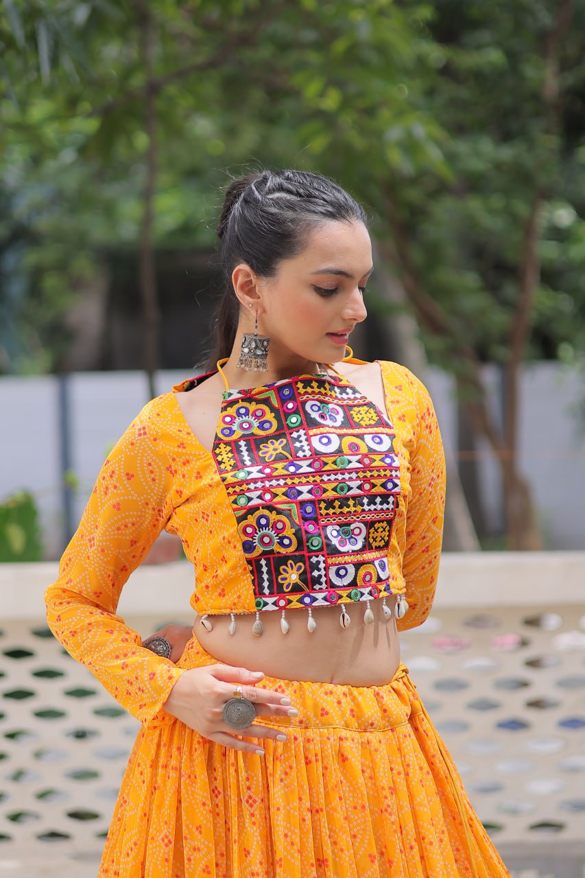 Bandhej Print Yellow Faux Georgette Lehenga Choli Set with Gotta Patti & Gamthi Embroidery (Stitched)