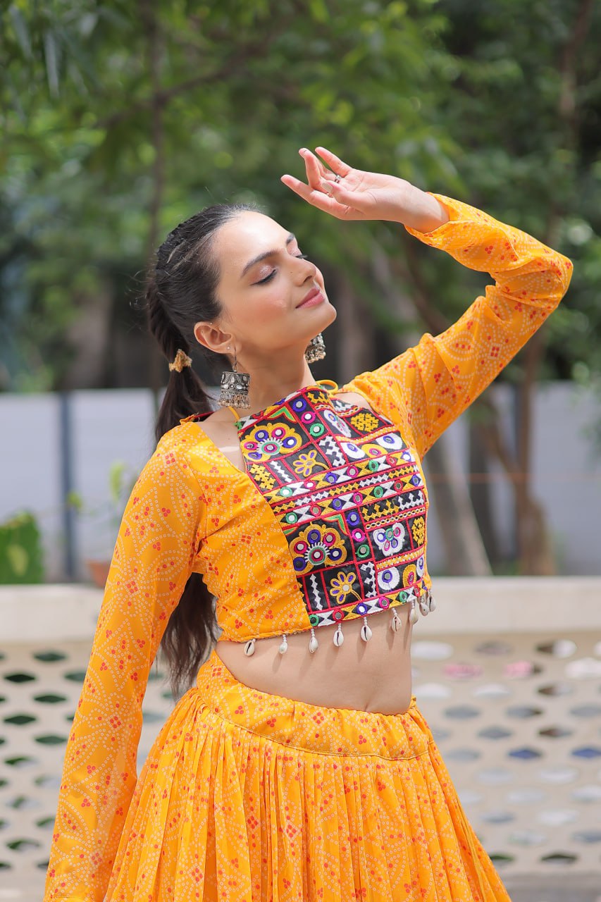 Bandhej Print Yellow Faux Georgette Lehenga Choli Set with Gotta Patti & Gamthi Embroidery (Stitched)