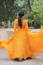 Bandhej Print Yellow Faux Georgette Lehenga Choli Set with Gotta Patti & Gamthi Embroidery (Stitched)