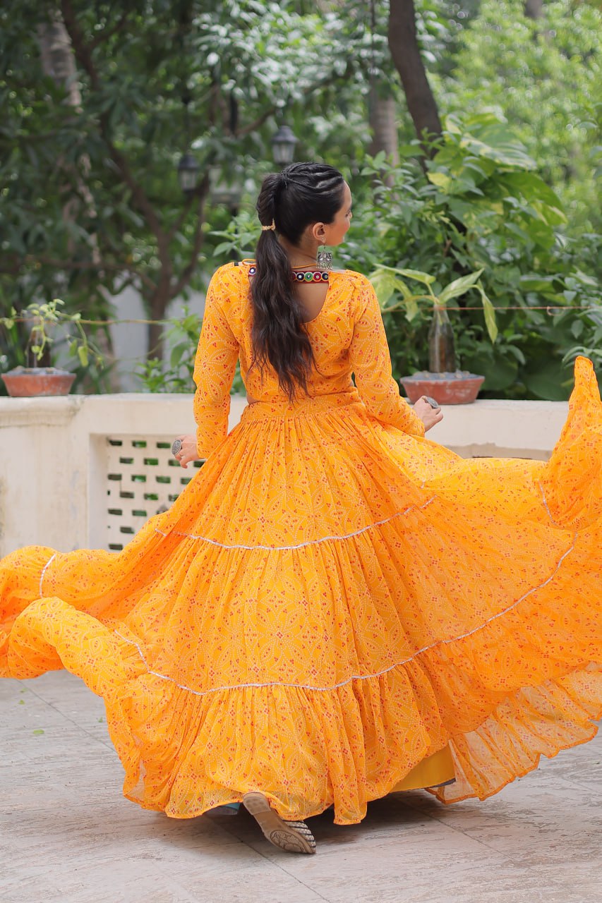 Bandhej Print Yellow Faux Georgette Lehenga Choli Set with Gotta Patti & Gamthi Embroidery (Stitched)