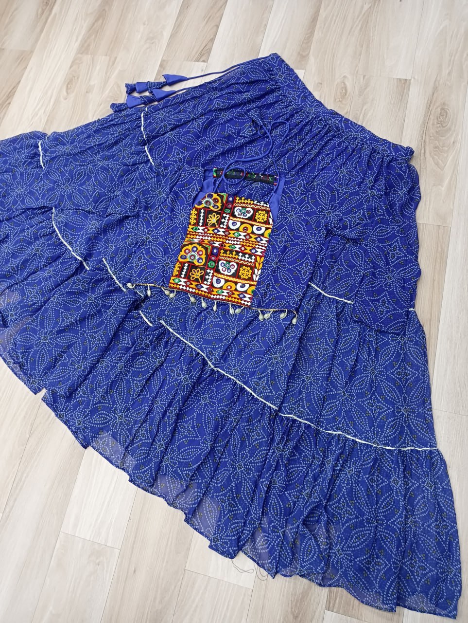 Bandhej Prin Blue Faux Georgette Lehenga Choli Set with Gotta Patti & Gamthi Embroidery (Stitched)