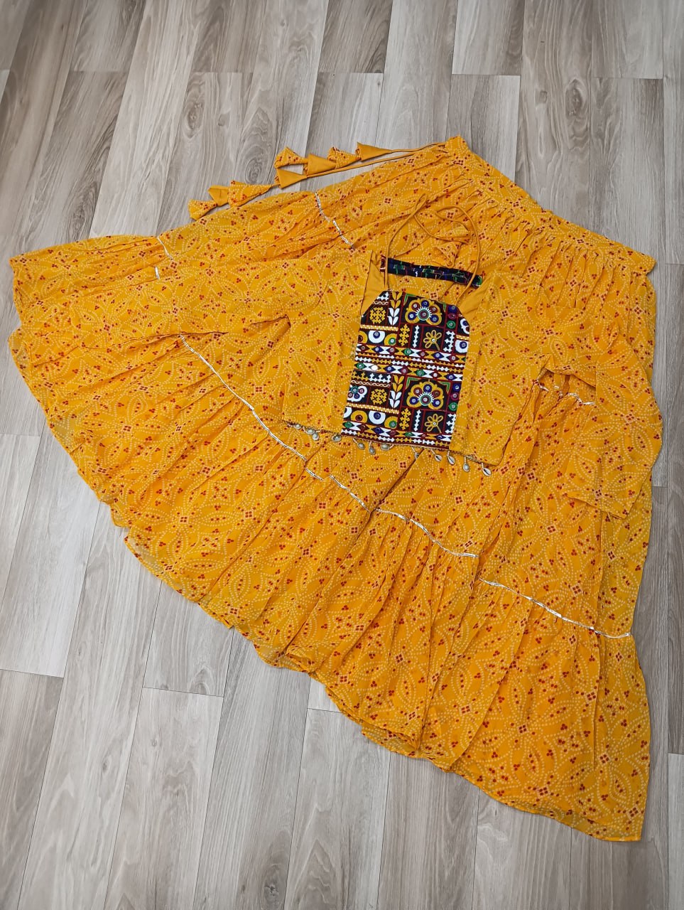 Bandhej Print Yellow Faux Georgette Lehenga Choli Set with Gotta Patti & Gamthi Embroidery (Stitched)
