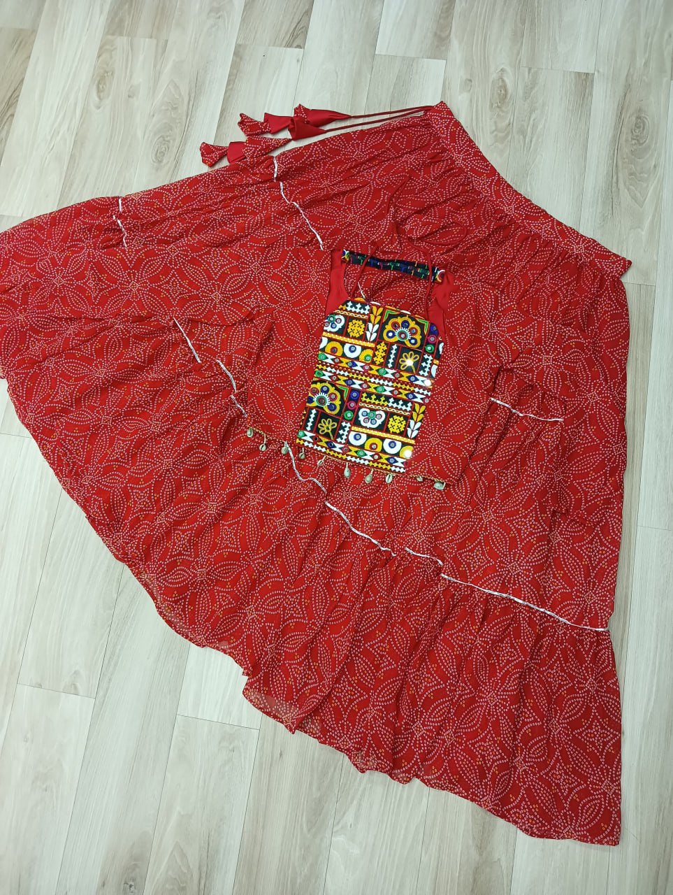 Bandhej Print Red Faux Georgette Lehenga Choli Set with Gotta Patti & Gamthi Embroidery (Stitched)