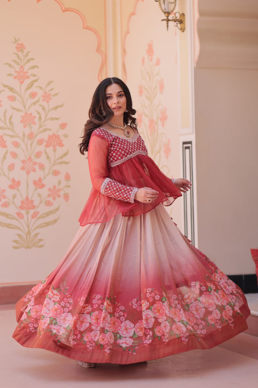 Floral Lehenga with Embroidered Peplum Top Set | Full-Stitched | Festive & Ethnic Wear(Stitched at 40" – adjustable up to 42"-44" for comfort)