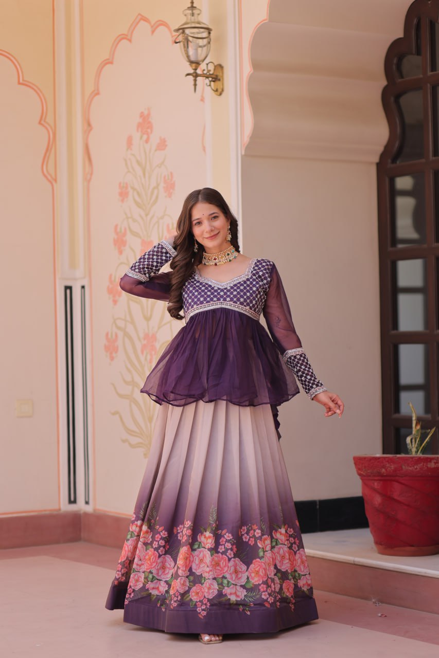 Floral Purple Lehenga with Embroidered Peplum Top Set | Full-Stitched | Festive & Ethnic Wear(Stitched at 40" – adjustable up to 42"-44" for comfort)