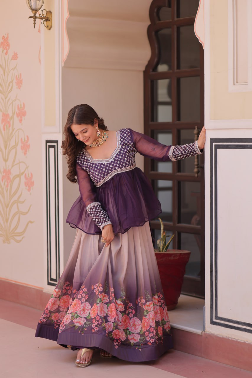 Floral Purple Lehenga with Embroidered Peplum Top Set | Full-Stitched | Festive & Ethnic Wear(Stitched at 40" – adjustable up to 42"-44" for comfort)