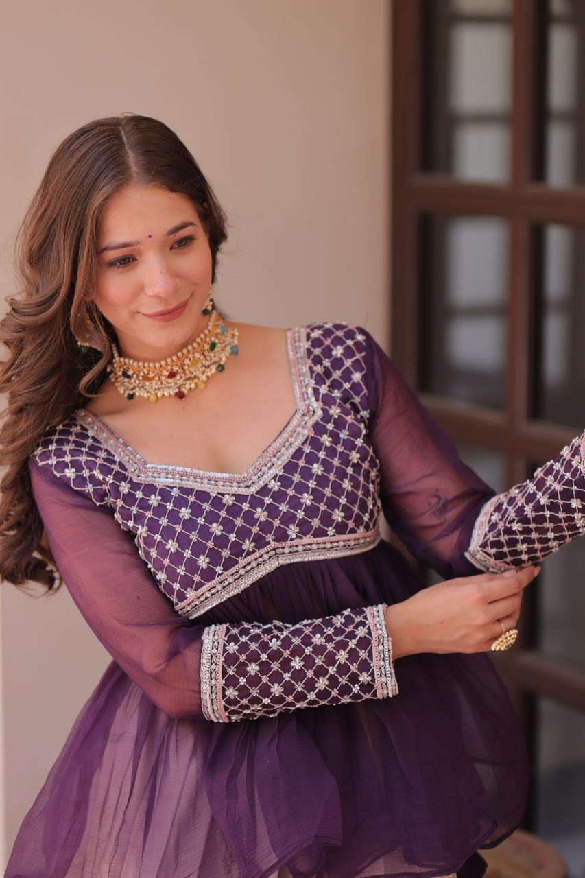Floral Purple Lehenga with Embroidered Peplum Top Set | Full-Stitched | Festive & Ethnic Wear(Stitched at 40" – adjustable up to 42"-44" for comfort)