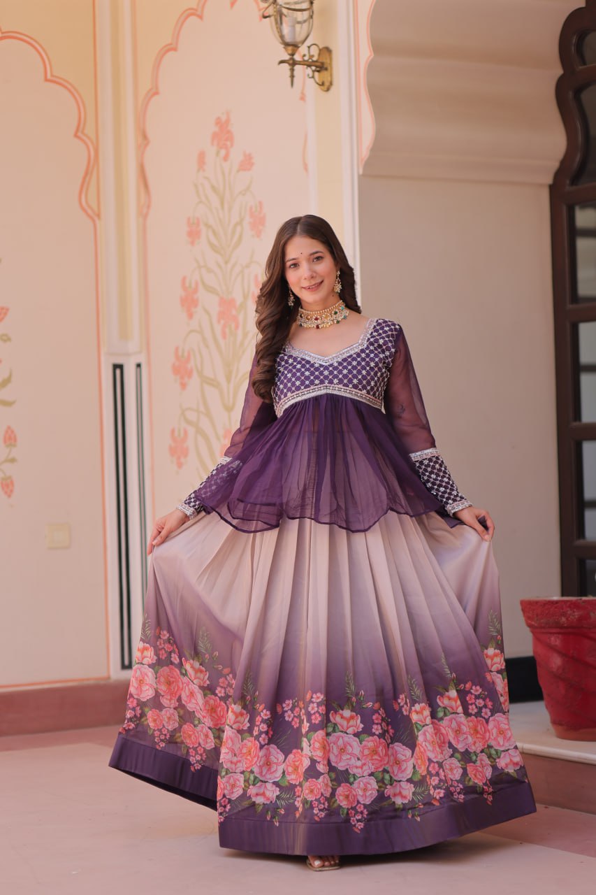Floral Purple Lehenga with Embroidered Peplum Top Set | Full-Stitched | Festive & Ethnic Wear(Stitched at 40" – adjustable up to 42"-44" for comfort)
