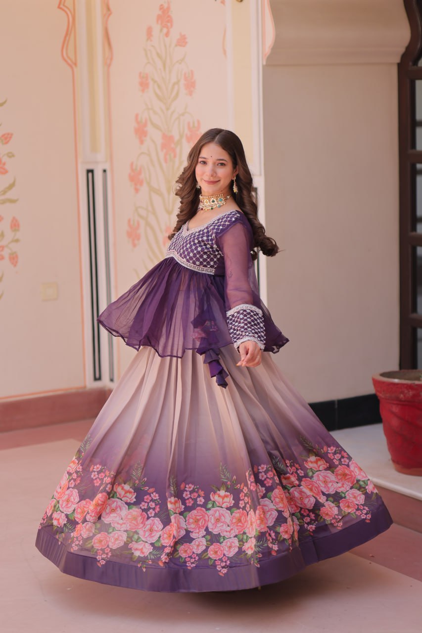 Floral Purple Lehenga with Embroidered Peplum Top Set | Full-Stitched | Festive & Ethnic Wear(Stitched at 40" – adjustable up to 42"-44" for comfort)