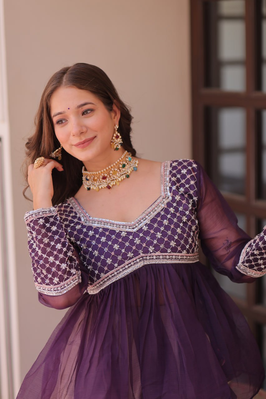 Floral Purple Lehenga with Embroidered Peplum Top Set | Full-Stitched | Festive & Ethnic Wear(Stitched at 40" – adjustable up to 42"-44" for comfort)