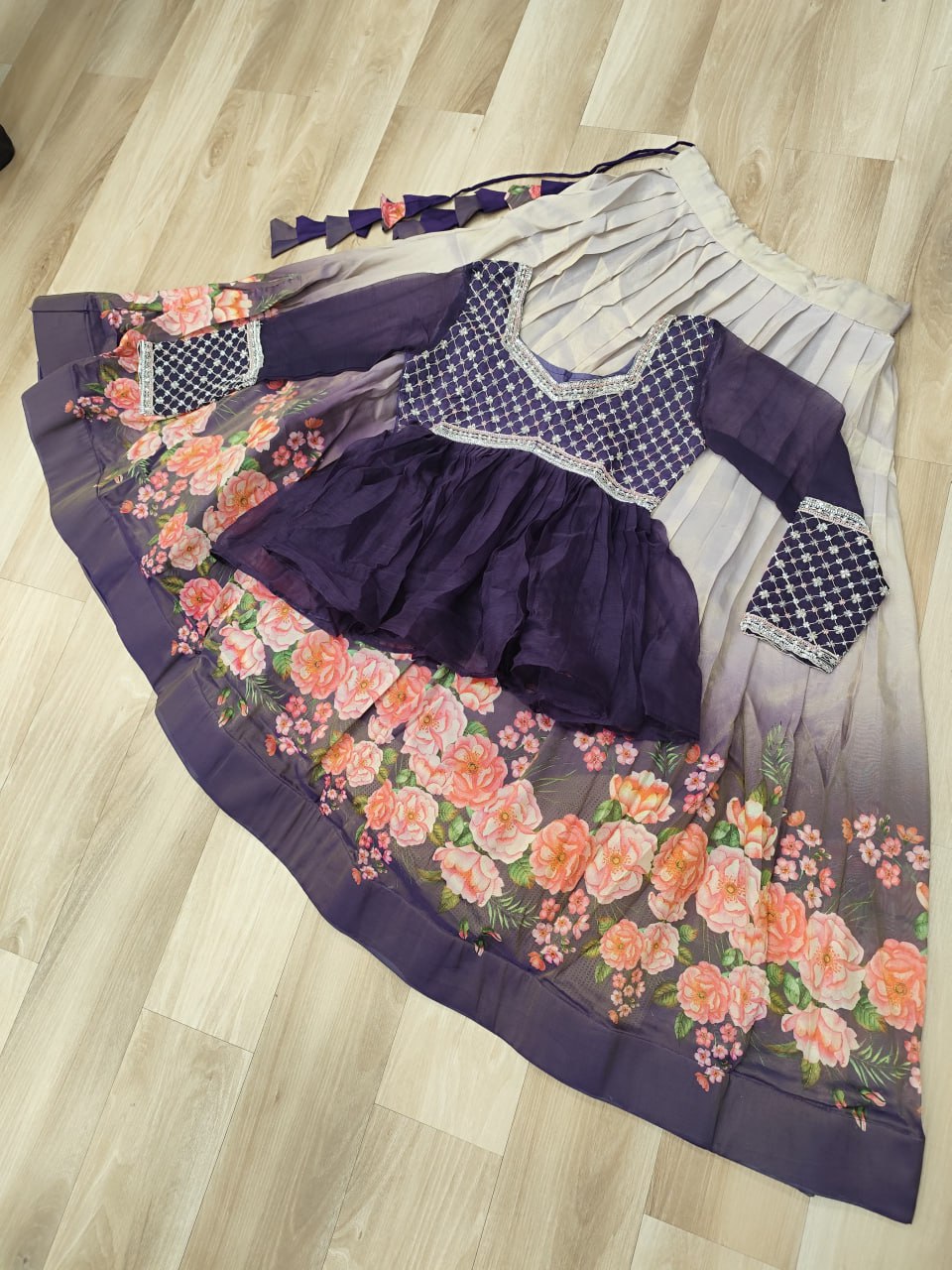 Floral Purple Lehenga with Embroidered Peplum Top Set | Full-Stitched | Festive & Ethnic Wear(Stitched at 40" – adjustable up to 42"-44" for comfort)