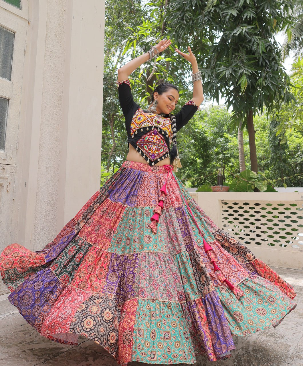 Vibrant Multicolor Navratri Lehenga Choli Set | Cotton Print with Gotta Lace & Kutchi Gamthi Work | Full-Stitched