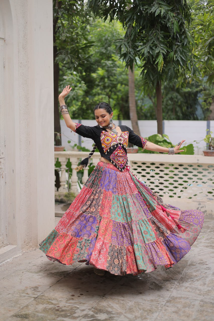 Vibrant Multicolor Navratri Lehenga Choli Set | Cotton Print with Gotta Lace & Kutchi Gamthi Work | Full-Stitched