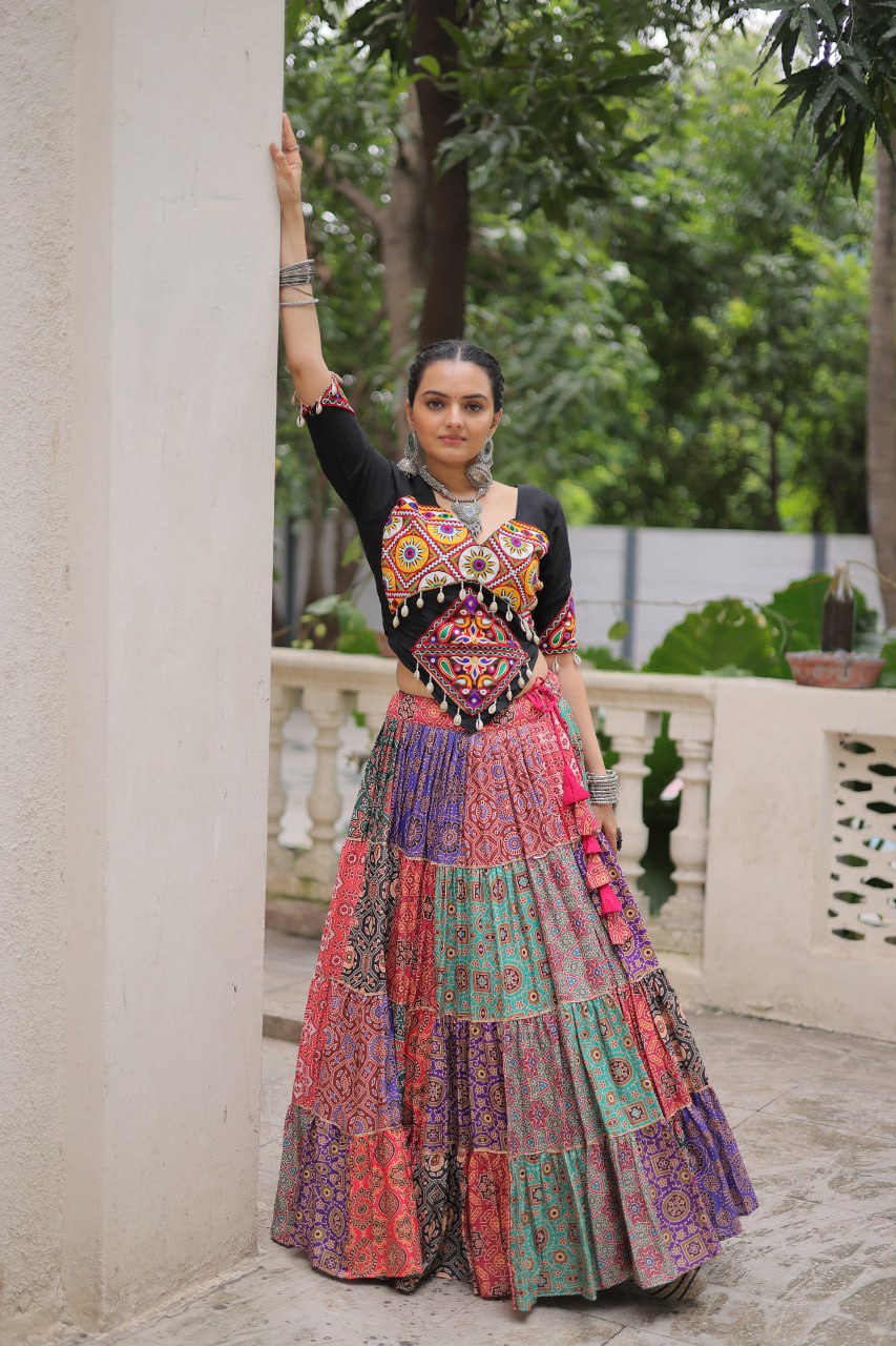 Vibrant Multicolor Navratri Lehenga Choli Set | Cotton Print with Gotta Lace & Kutchi Gamthi Work | Full-Stitched