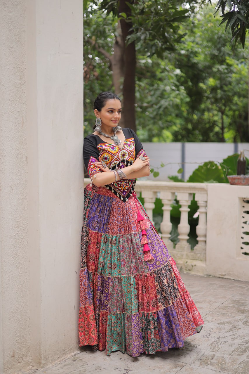 Vibrant Multicolor Navratri Lehenga Choli Set | Cotton Print with Gotta Lace & Kutchi Gamthi Work | Full-Stitched