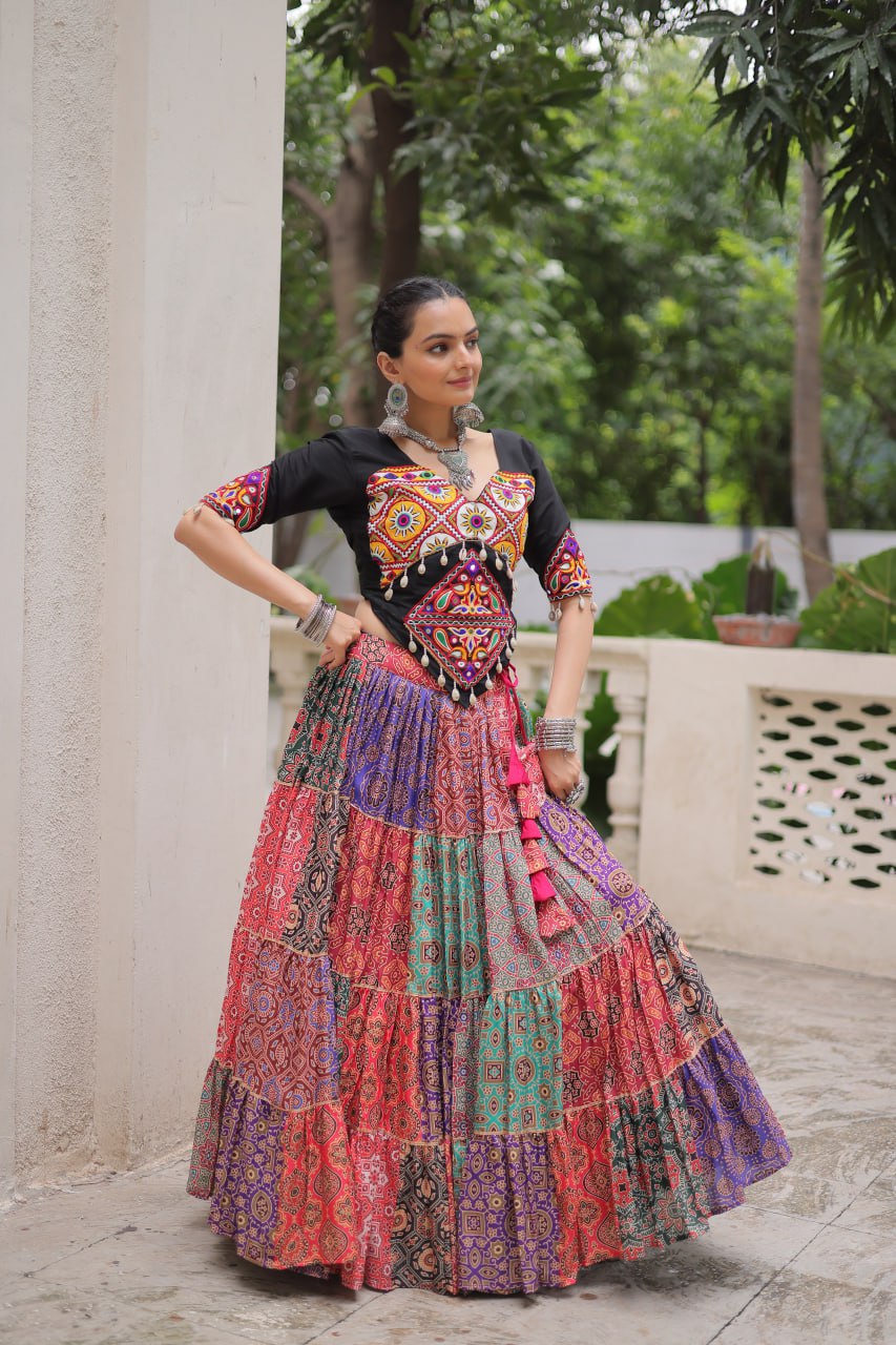 Vibrant Multicolor Navratri Lehenga Choli Set | Cotton Print with Gotta Lace & Kutchi Gamthi Work | Full-Stitched