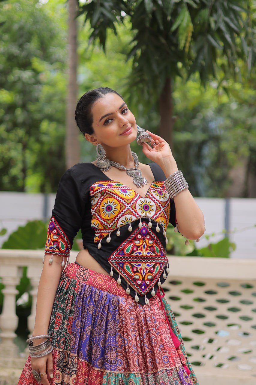 Vibrant Multicolor Navratri Lehenga Choli Set | Cotton Print with Gotta Lace & Kutchi Gamthi Work | Full-Stitched