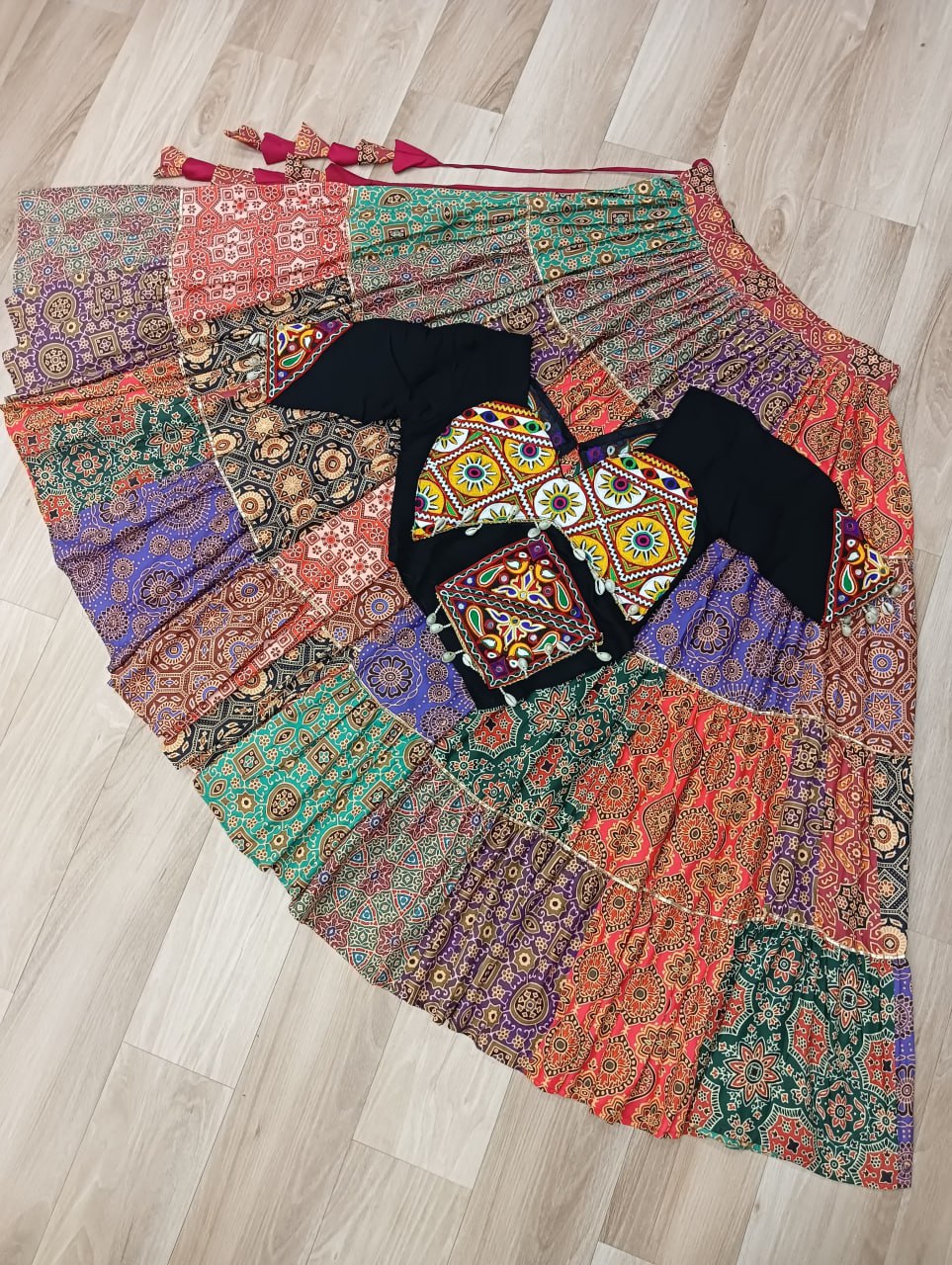 Vibrant Multicolor Navratri Lehenga Choli Set | Cotton Print with Gotta Lace & Kutchi Gamthi Work | Full-Stitched